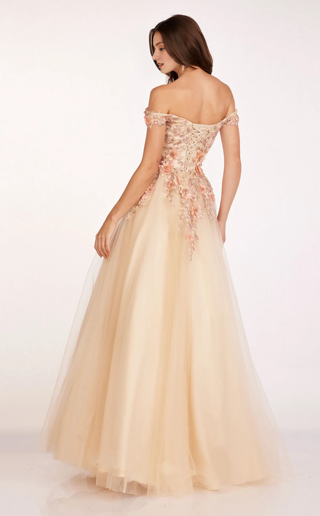 A-line V-neck off shoulder 3D decal chiffon and floor length Prom dress